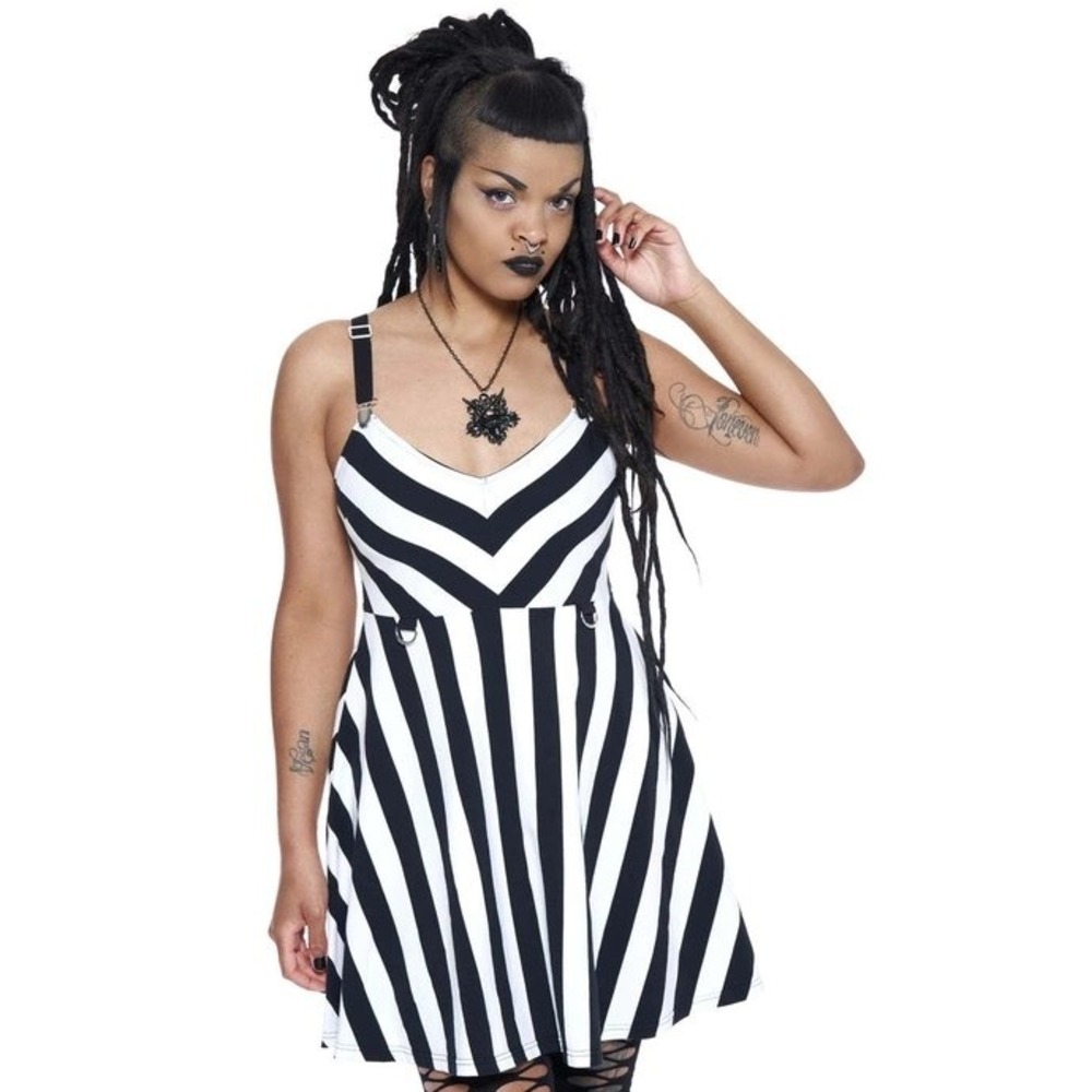 Killstar Stripe O Negative Skater Dress XS Black White Goth Mini D-Ring Strap